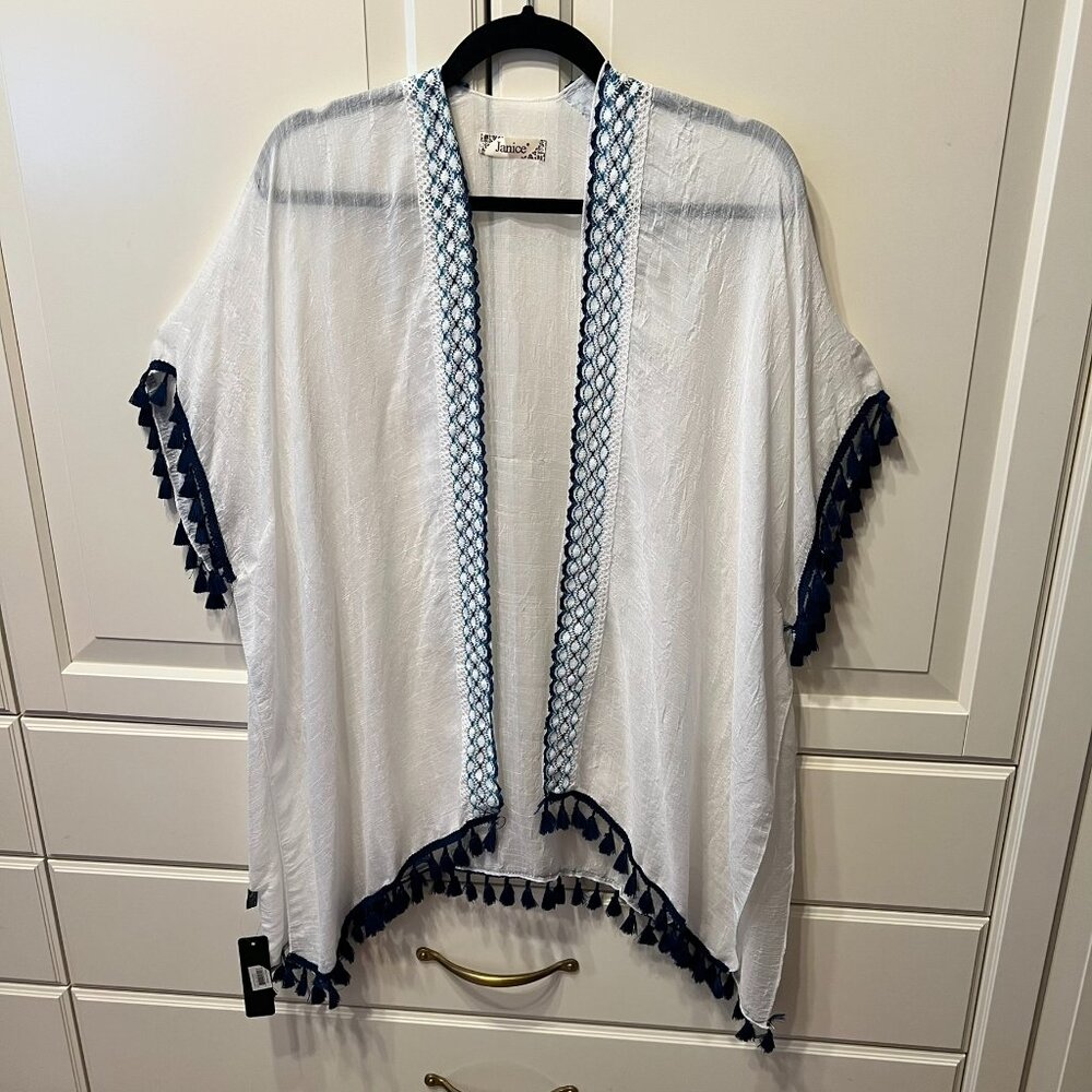 JANICE Sheer‎ White Kimono w/Navy Tassel Trim ONE SIZE (BRAND NEW w/TAGS!)